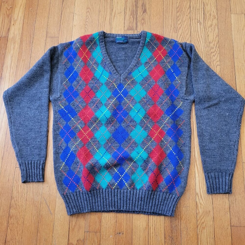 Arrow Blazer V Neck Sweater 2XL Big Man Collection Argyle Pattern Multicolor Cre